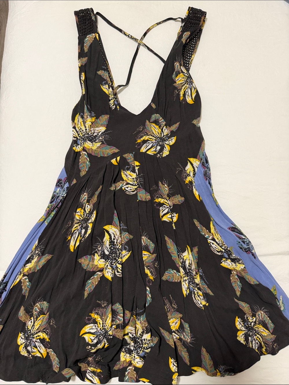 Free People Black Floral V-Neck Sundress with Yellow Accents